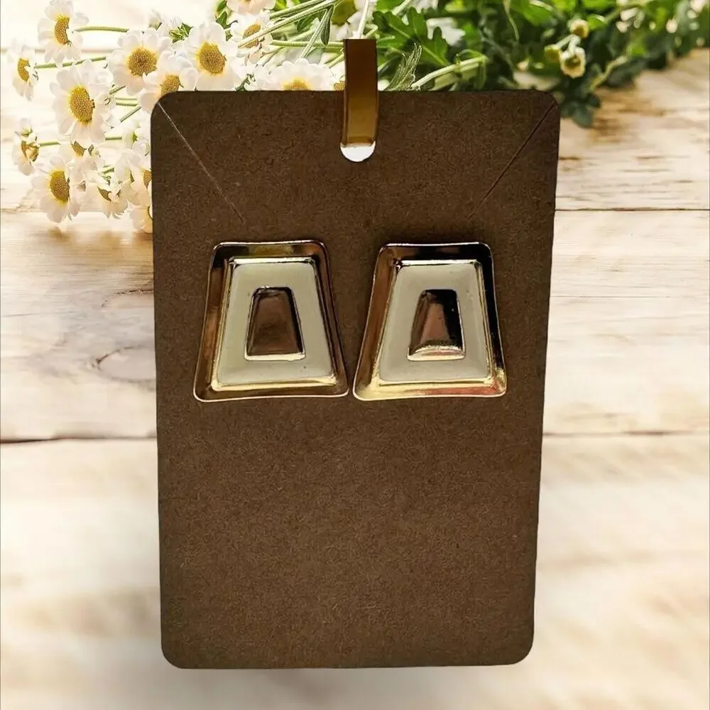 Vintage Geometric Gold toned & Off White Square Earrings